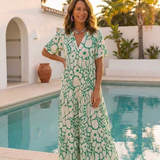 Lucie | Vestido midi com flores, mangas curtas e decote em V