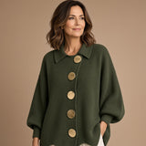 Isadora | Cardigan Oversize com Colarinho e Grandes Botões Metálicos
